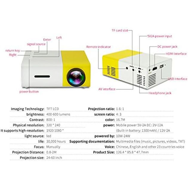 Mini projecteur portable - Micro projecteur LED 1080P -  60 pouces